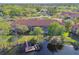 Aerial view of the back of the complex with patios by the lake and a small boat dock at 21205 Calle Rosa Dr # 10, Land O Lakes, FL 34637