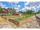 Well-maintained garden beds with young plants, complemented by a charming wooden structure and lush greenery at 6501 62Nd N St, Pinellas Park, FL 33781