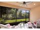 Relaxing screened lanai featuring a tranquil view of the green yard at 16106 Amethyst Key Dr, Wimauma, FL 33598