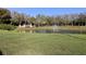 Scenic pond with a fountain, surrounded by lush landscaping and mature trees, showcasing the community's serene environment at 610 S Woodlands Dr, Oldsmar, FL 34677