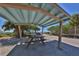 Inviting picnic area with a wooden table under a shaded structure, surrounded by lush greenery at 26 Clintwood Ave, Englewood, FL 34223