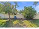 Green backyard with a privacy fence, some landscaping, and a blue chair to sit and enjoy the quiet surroundings at 3442 Beech Trl, Clearwater, FL 33761