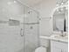 Stylish bathroom with a sleek glass shower, modern vanity, and updated fixtures at 4005 W Nassau St, Tampa, FL 33607