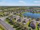 Community aerial view of homes with backyard pools and solar panels near a scenic pond at 7515 37Th E Ave, Palmetto, FL 34221