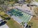 Aerial view of well-maintained shuffleboard courts surrounded by lush greenery and palm trees at 11719 Boynton Lane, New Port Richey, FL 34654