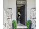 Inviting entryway featuring a stylish black door, decorative planters, and charming farmhouse decor at 16646 Maude Dr, Wimauma, FL 33598