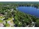 Overhead view of lakefront properties surrounded by mature trees at 18846 Tracer Dr, Lutz, FL 33549