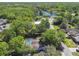 Aerial view showcases pool and yard surrounded by mature trees and lush landscaping at 18846 Tracer Dr, Lutz, FL 33549