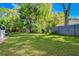 Large backyard with plenty of room for outdoor activities, featuring lush green grass and mature trees at 18846 Tracer Dr, Lutz, FL 33549