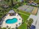 Aerial view showing community pool, clubhouse, and tennis courts at 3632 Pine Cone Cir, Clearwater, FL 33760