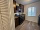 Kitchen with dark cabinets, stainless steel appliances, and wood-look flooring at 7529 Pitch Pine Cir # 190, Tampa, FL 33617