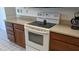Kitchen electric range with light countertops, a black burner, and wooden cabinets at 2105 Haydon Ct, Brandon, FL 33511