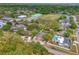 Aerial view of a quiet neighborhood, featuring homes with swimming pools and nearby school facilities at 11709 N Armenia Ave, Tampa, FL 33612