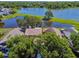 Aerial view of a home with a nearby lake, surrounded by lush greenery and mature trees at 2199 Springrain Dr, Clearwater, FL 33763