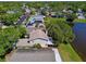 Aerial view of homes next to a long, narrow pond showcasing lush greenery and mature trees at 2199 Springrain Dr, Clearwater, FL 33763