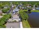 Aerial view of suburban rooftops bordering a scenic lake with lush greenery and mature trees at 2199 Springrain Dr, Clearwater, FL 33763