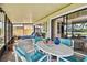 Spacious screened patio with dining and lounging furniture, ideal for enjoying the outdoors and the pretty water views at 2199 Springrain Dr, Clearwater, FL 33763