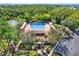 Aerial view of the community pool surrounded by lush greenery and a parking lot at 31833 Turkeyhill Dr, Wesley Chapel, FL 33543