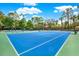 Outdoor tennis court with green and blue surfacing and ample space for competitive play at 31833 Turkeyhill Dr, Wesley Chapel, FL 33543