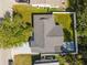 Birds eye view shows manicured lawn, fenced yard, and roof at 3352 Honeymoon Ln, Holiday, FL 34691