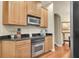 Well-equipped kitchen featuring stainless steel appliances and wood cabinets, with black countertops at 4965 Anniston Cir, Tampa, FL 33647
