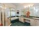 Bathroom featuring dual sinks, a vanity area, and a separate shower and tub with glass block window at 3627 Cypress Meadows Rd, Tampa, FL 33624