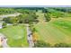 Scenic aerial view of the golf course with lush greenery and mature trees and overhead powerlines at 440 Woods Landing Trl, Oldsmar, FL 34677