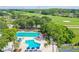 Aerial view of the community pool area with lap and leisure pools, sun loungers, and colorful umbrellas at 440 Woods Landing Trl, Oldsmar, FL 34677