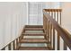 View of the staircase featuring carpeted stairs and natural wooden railing at 440 Woods Landing Trl, Oldsmar, FL 34677