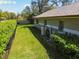 Well-manicured lawn on the side of a house with an AC unit and mature landscaping at 11505 Gibralter Pl, Temple Terrace, FL 33617