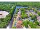 Overhead shot displays neighborhood homes, private pools, serene lake and lush foliage for tranquil setting at 16843 Harrierridge Pl, Lithia, FL 33547