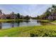 Scenic pond view with fountain feature, surrounded by lush landscaping and residential buildings under a bright sky at 17965 Villa Creek Dr, Tampa, FL 33647