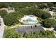 Aerial view of a community pool with palm trees and a parking lot surrounded by lush greenery and neighborhood homes at 3217 Partridge Point Trl, Valrico, FL 33596
