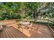 Picturesque wooden deck area with a table and chairs, perfect for enjoying serene views of the pond and surrounding foliage at 1908 Bayshore Ct, Safety Harbor, FL 34695