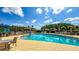 Community pool area with lounge chairs, tables, and umbrellas; perfect for relaxation and recreation at 34329 Evergreen Hill Ct, Wesley Chapel, FL 33545