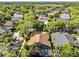 Aerial view of a neighborhood featuring well-maintained homes, mature trees, and a pool at 8746 Tantallon Cir, Tampa, FL 33647