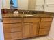 Bathroom vanity featuring wood cabinetry, granite countertop, and modern fixtures at 10351 Regal Dr # 18, Largo, FL 33774