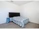 Simple bedroom features a comfortable bed with a unique bedside table and a minimalist design at 10727 Penny Gale Loop, San Antonio, FL 33576