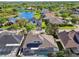 Aerial view of the neighborhood showcasing the surrounding community, mature landscaping, and a scenic lake at 12304 Silton Peace Dr, Riverview, FL 33579