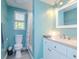 Cozy bathroom featuring a shower, white vanity and toilet, offering a bright and clean aesthetic at 5433 Palmetto Rd, New Port Richey, FL 34652