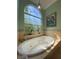Luxurious soaking tub with chandelier, scenic window, and tiled surround in a bathroom at 8910 Eagle Watch Dr, Riverview, FL 33578