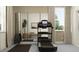 A modern home gym features a treadmill, mirrored wall, weights, and large windows at 9314 Gladsome Dr, Land O Lakes, FL 34637