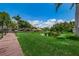 Lush backyard features a pond, dock, and mature trees, creating a serene and private outdoor oasis at 2571 Cyprus Dr # 1-105, Palm Harbor, FL 34684