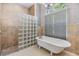 Bathroom with standalone bathtub, a glass block partition, and modern fixtures beneath a window at 9302 Deer Creek Dr, Tampa, FL 33647