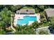 Aerial view of a community pool, clubhouse and well manicured landscaping and mature trees at 15787 Fishhawk Falls Dr, Lithia, FL 33547