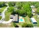 Aerial view of home featuring backyard pool, a driveway, and spacious yard with mature trees at 37451 Hickory Hill Ln, Dade City, FL 33525