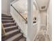 View of a carpeted staircase with white railings, open floor plan, and wood-look flooring in the hallway at 4782 Night Star Trl, Odessa, FL 33556