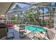 The screened-in pool is surrounded by lush tropical plants and outdoor furniture at 9314 Heritage Oak Ct, Tampa, FL 33647