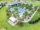 Aerial view of a resort-style pool area surrounded by palm trees, lounge chairs, and lush landscaping at 14885 Caravan Ave, Odessa, FL 33556