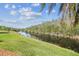 Expansive backyard view with lush green grass, water feature, and wooded backdrop at 19530 Barrie Acres Trl, Odessa, FL 33556